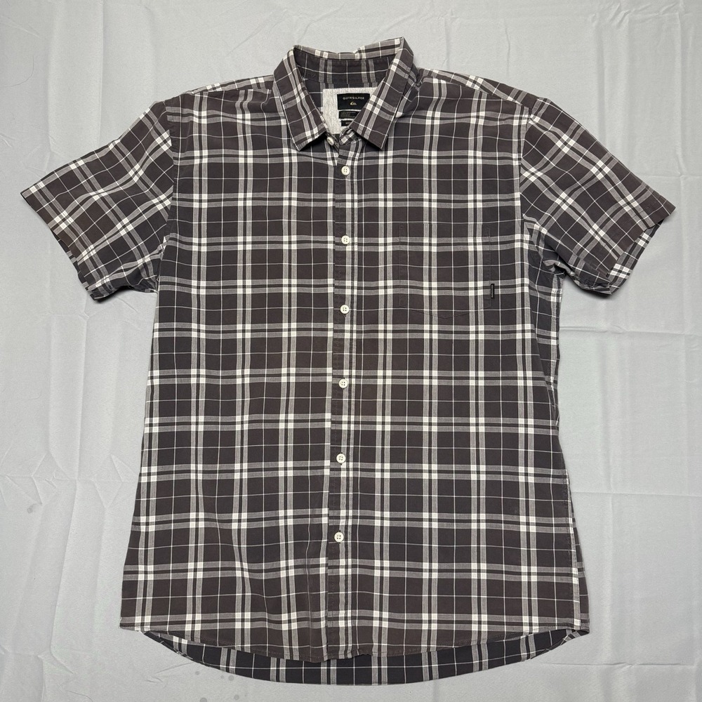 Quicksilver Modern Fit Shirt Men‎ XL Grey Plaid Button Up Pocket Short Sleeve